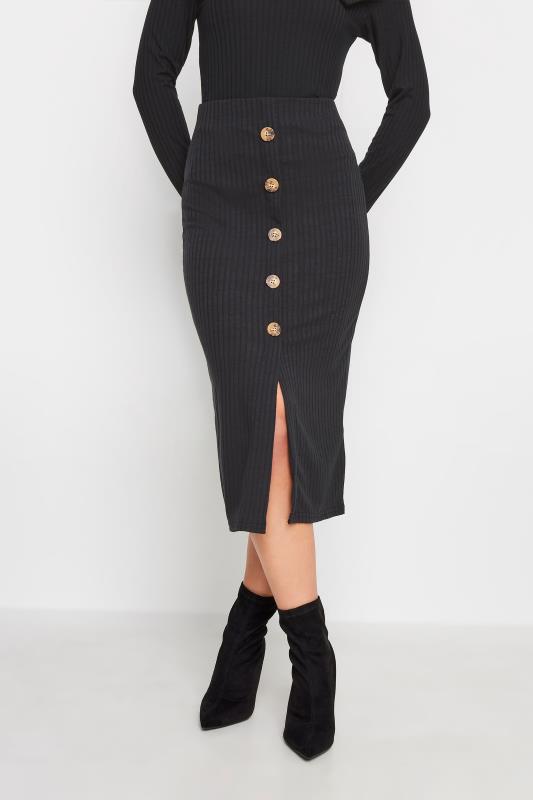 Petite Black Ribbed Button Detail Skirt | PixieGirl 1