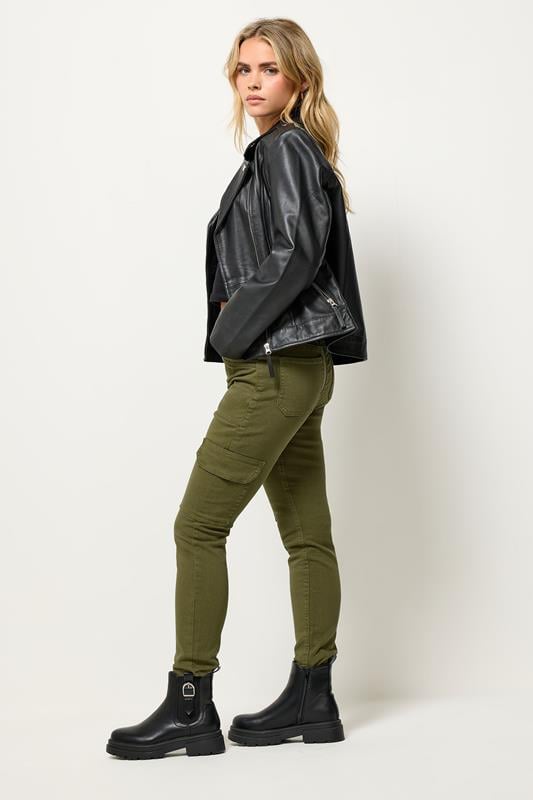 PixieGirl Petite Womens Khaki Green Pocket Detail Cargo Skinny Jeans | PixieGirl 2