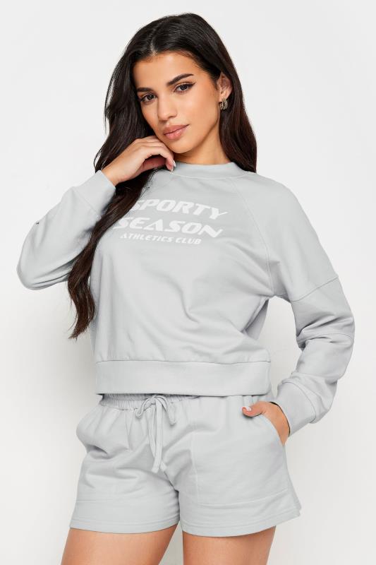 PixieGirl Petite Light Grey 'Sporty Season' Slogan Cropped Sweatshirt | PixieGirl 2