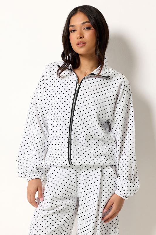 PixieGirl Petite Women's White Polka Dot Textured Funnel Neck Jacket | PixieGirl 1