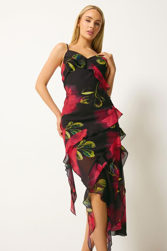 STAR Black Floral Ruffle Midi Dress