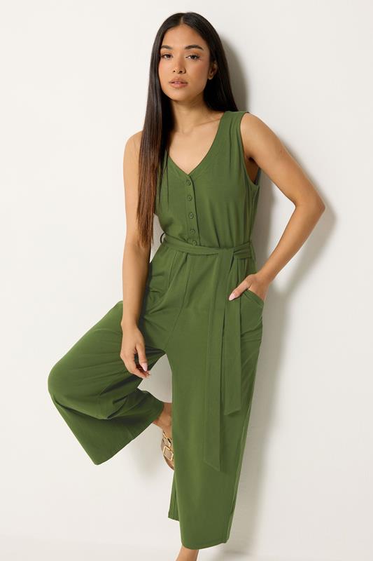 M&Co Petite Khaki Green Cotton Sleeveless Jumpsuit | M&Co 1