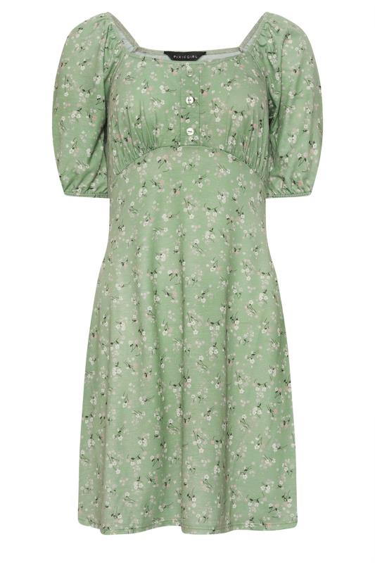 PixieGirl Petite Women's Sage Green Ditsy Floral Print Mini Dress | PixieGirl 5