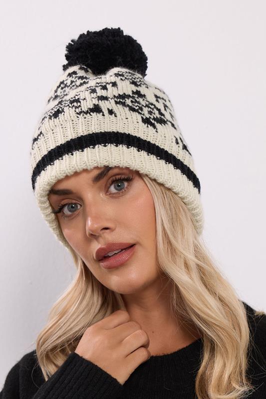 Plus Size  Yours Ivory White Fairisle Pom Pom Bobble Hat