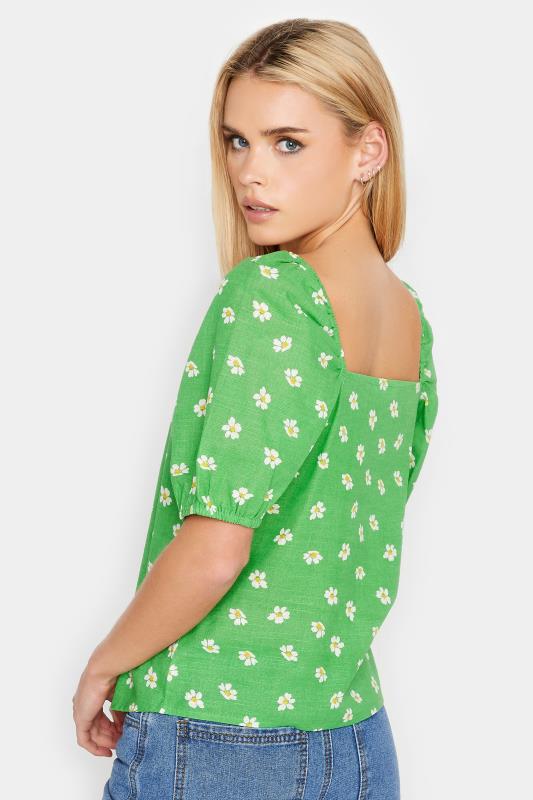 PixieGirl Petite Womens Green Daisy Print Square Neck Linen Top | PixieGirl 4