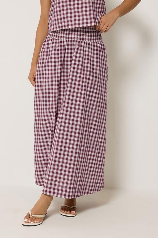 PixieGirl Petite Women's Plum Purple Gingham Cotton Shirred Maxi Skirt | PixieGirl 1