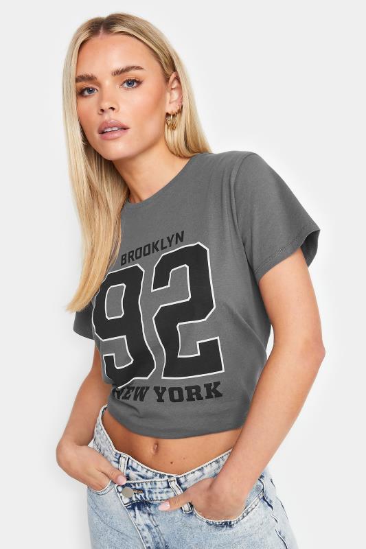 Petite  PixieGirl Grey 'Brooklyn 92' Slogan Cropped T-Shirt