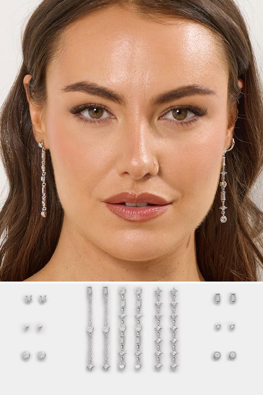 9 PACK Silver Tone Diamante Mixed Earring Set | Yours Clothing 1