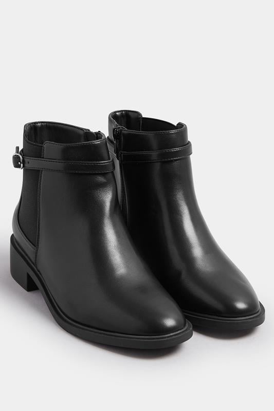 Plus Size  Yours Black Faux Leather Buckle Stretch Ankle Boots In Wide E Fit & Extra Wide EEE Fit