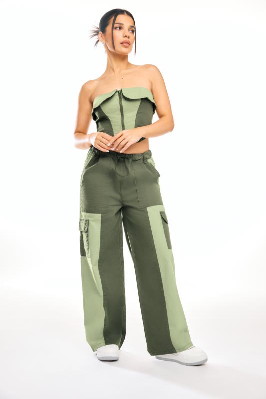PixieGirl Petite Womens Khaki Green Colourblock Cargo Trousers | PixieGirl 2