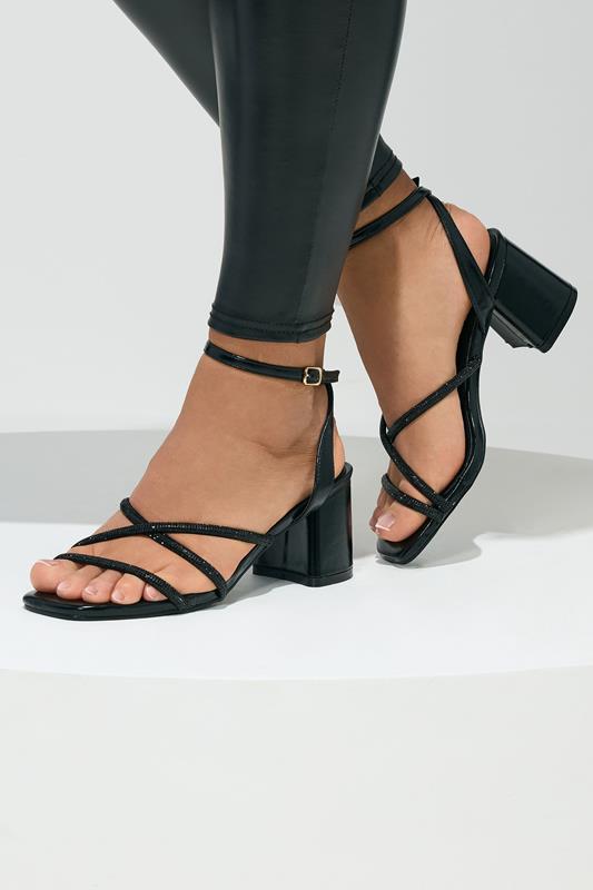 Black Diamante Asymmetric Block Heels In Wide E Fit
