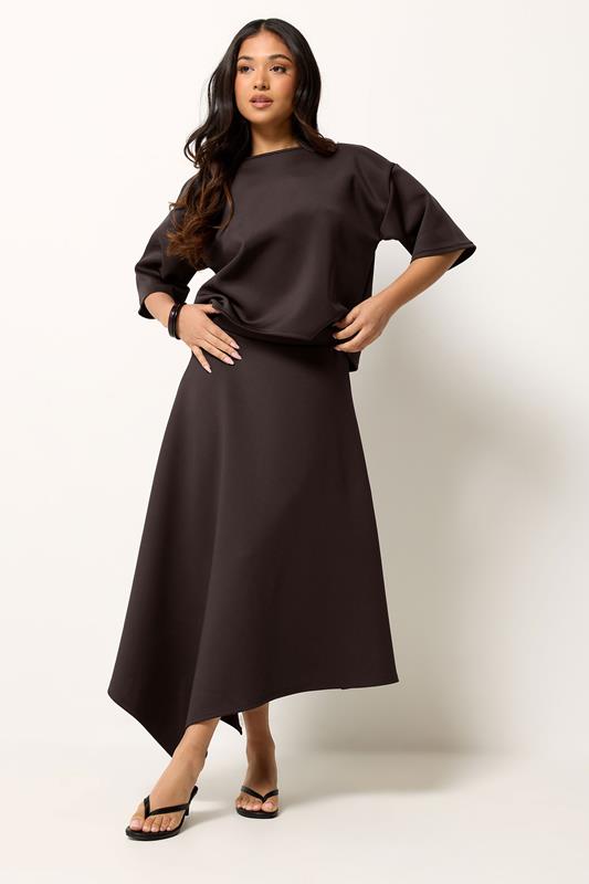  PixieGirl Petite Chocolate Brown Asymmetric Hem Midi Skirt