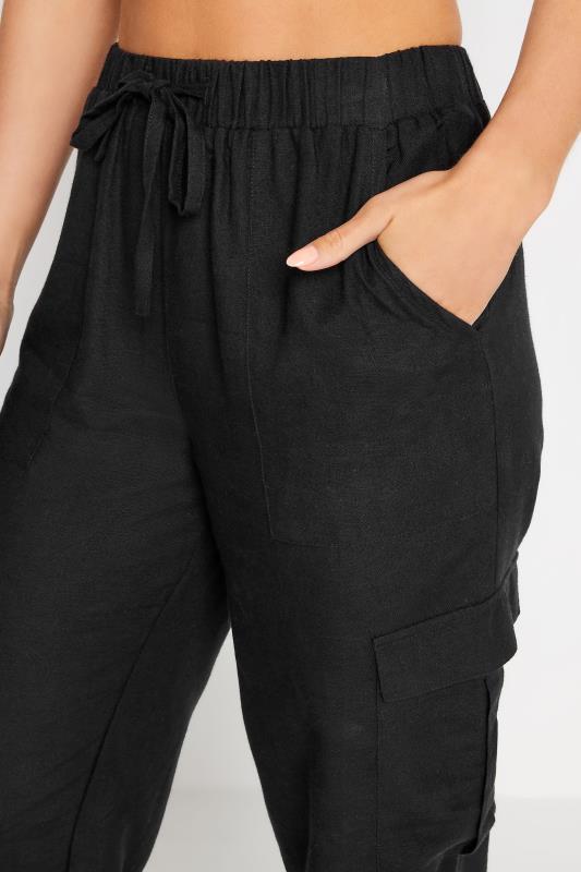 PixieGirl Petite Womens Black Linen Cuffed Cargo Trousers | PixieGirl 4