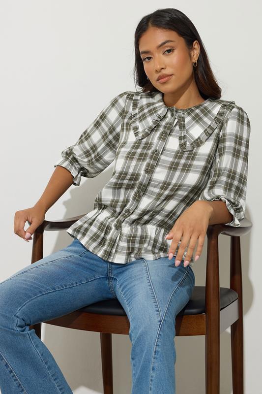 PixieGirl Petite Women's Green Check Collar Smock Top | PixieGirl 1