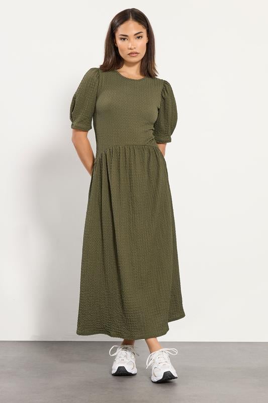 PixieGirl Petite Womens Olive Green Textured Midi Dress | PixieGirl 2