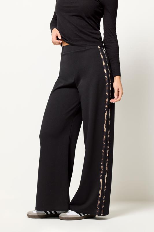PixieGirl Petite Womens Black Leopard Print Side Stripe Wide Leg Trousers | PixieGirl 2
