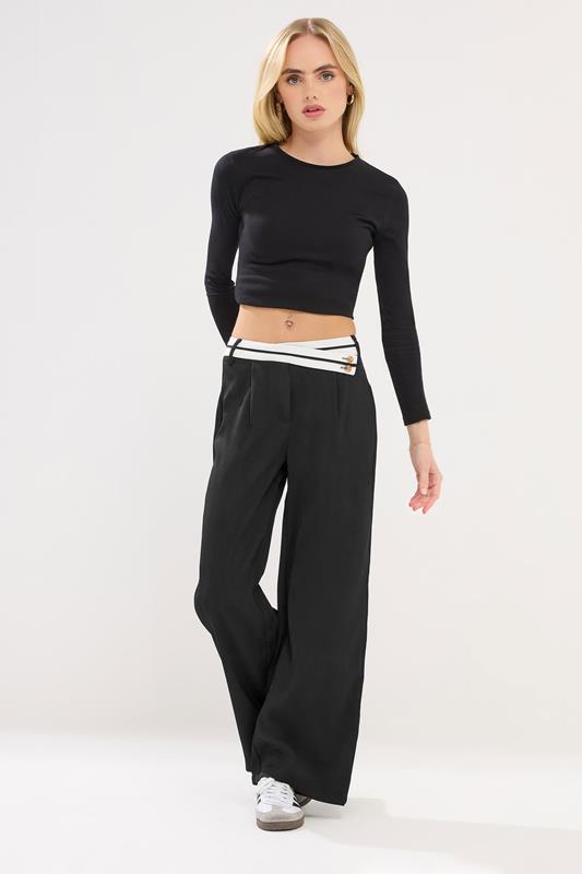 Petite  PixieGirl Petite Black Cross Over Contrast Waistband Trousers