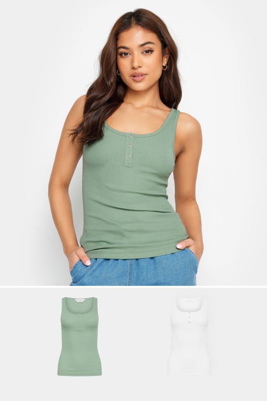 PixieGirl Petite Women's 2 PACK Sage Green & White Ribbed Popper Vest Tops | PixieGirl 1