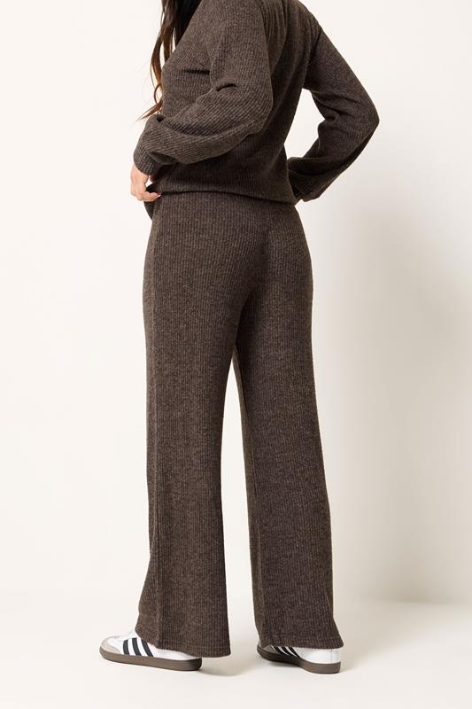 PixieGirl Petite Women's Chocolate Brown Ribbed Soft Touch Wide Leg Trousers | PixieGirl 2