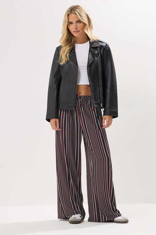 Petite  PixieGirl Petite Dark Red Crepe Striped Wide Leg Trousers