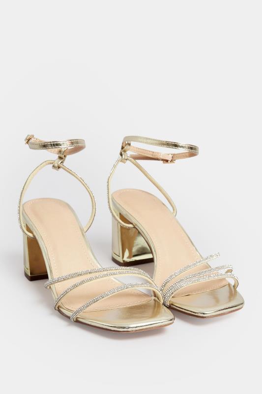 PixieGirl Gold Diamante Strap Mid Block Heel Sandals In Standard Fit | PixieGirl 2