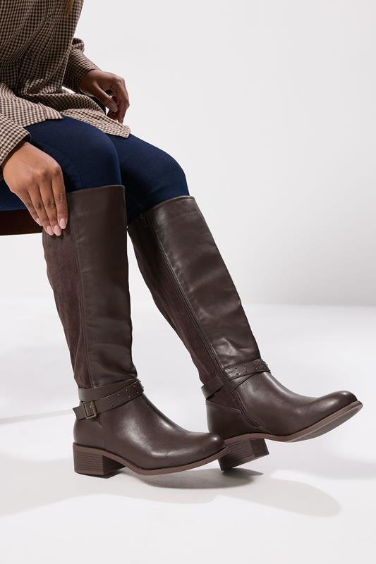 Plus Size  Yours Chocolate Brown Faux Leather Buckle Strap Knee High Boots In Extra Wide EEE Fit