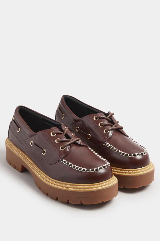Brown Chunky Lace Up Boat Shoes In Extra Wide EEE Fit | Yours Clothing 2