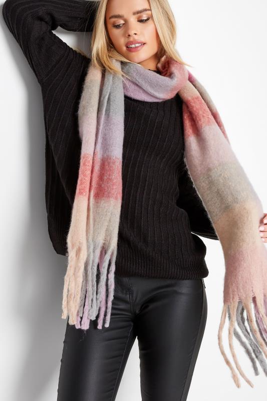 Blush Pink Block Check Chunky Tassel Scarf | Yours Clothing 1