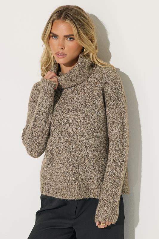 PixieGirl Petite Women's Beige Brown Chunky Roll Neck Jumper | PixieGirl 1