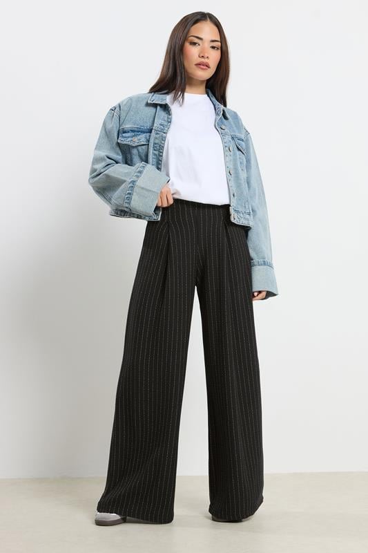 Petite  PixieGirl Petite Black Pinstripe Palazzo Wide Leg Trousers