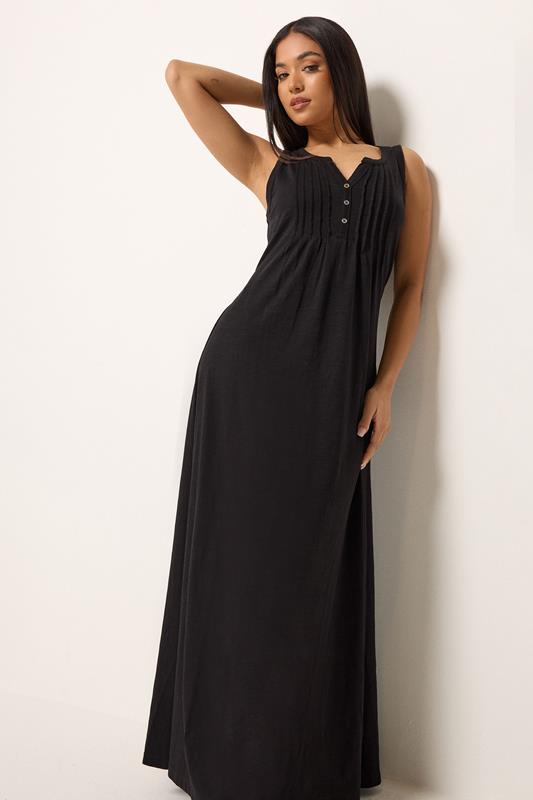  M&Co Petite Black Sleeveless Cotton Henley Maxi Dress
