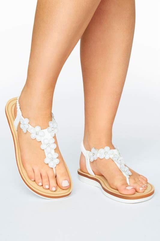 Wide Fit Sandals Yours White PU Diamante Flower Sandals In Wide E Fit & Extra Wide EEE Fit