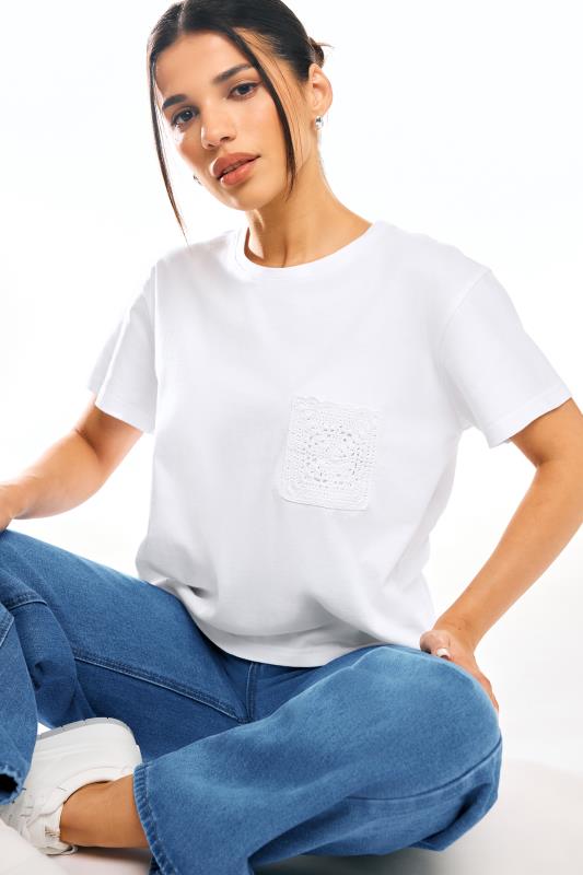 PixieGirl White Crochet Pocket Short Sleeve T-Shirt | PixieGirl  1