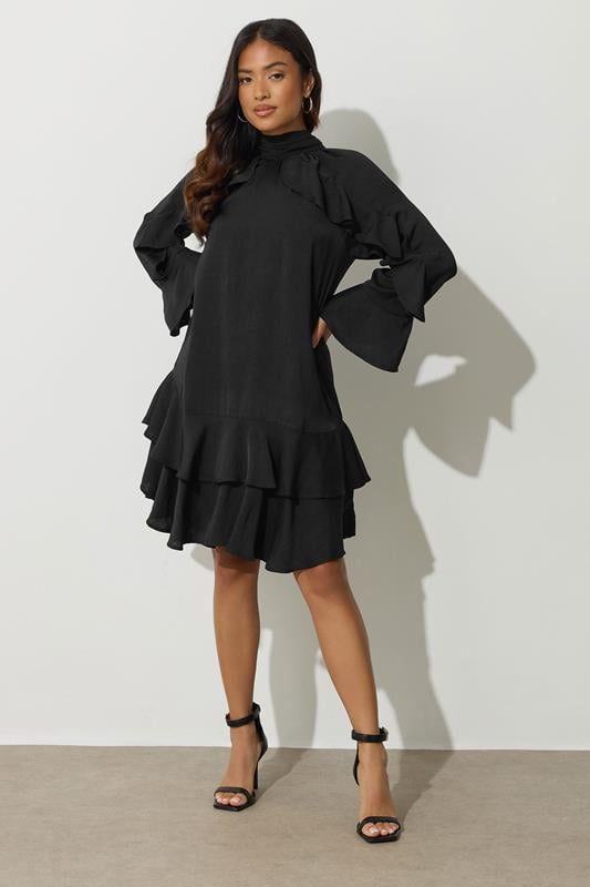 PixieGirl Petite Women's Black Hammered Satin Frill Smock Dress | PixieGirl 3