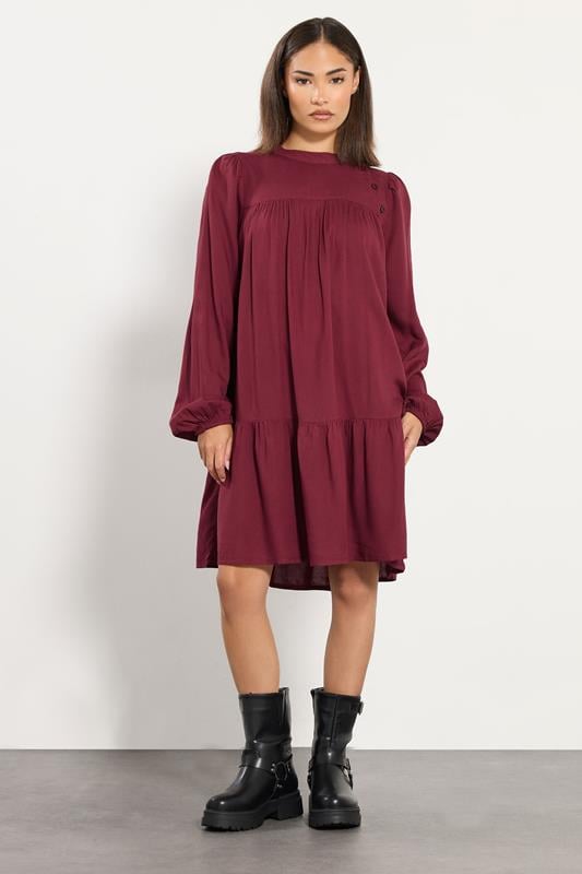 PixieGirl Petite Women's Dark Red Button Smock Midi Dress | PixieGirl 1