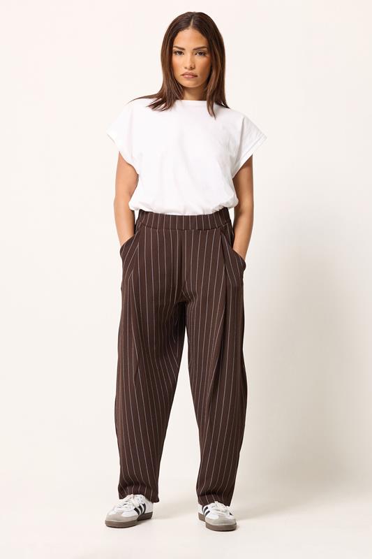 PixieGirl Petite Chocolate Brown Pinstripe Barrel Leg Trousers