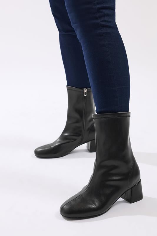 Plus Size  Yours Black Block Heel Stretch Boots In Extra Wide EEE Fit