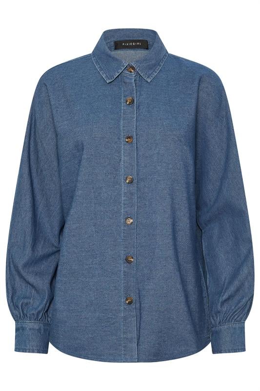PixieGirl Petite Women's Mid Blue Oversized Denim Shirt | PixieGirl 7
