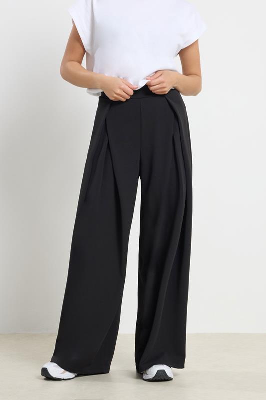 PixieGirl Petite Women's Black Wrap Pleated Wide Leg Trousers | PixieGirl  2