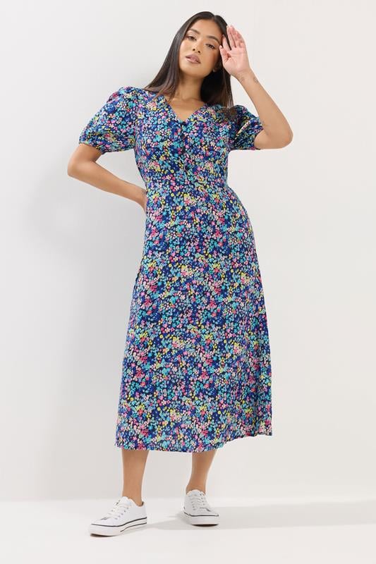 M&Co Petite Blue Ditsy Floral Puff Sleeve Dress | M&Co 1