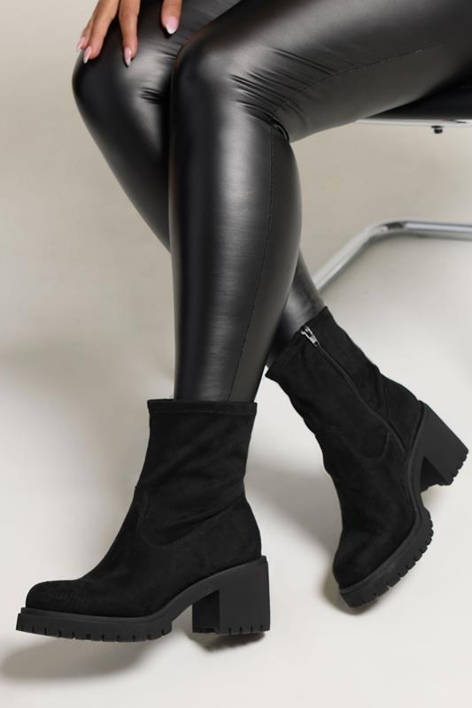 Plus Size  Yours Black Faux Suede Stretch Sock Boots In Extra Wide EEE Fit