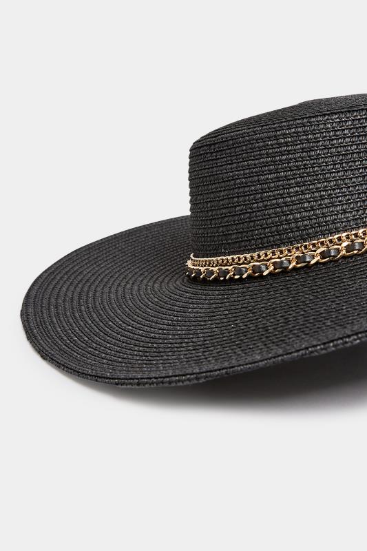Black Chain Straw Wide Brim Boater Hat | Yours Clothing 3