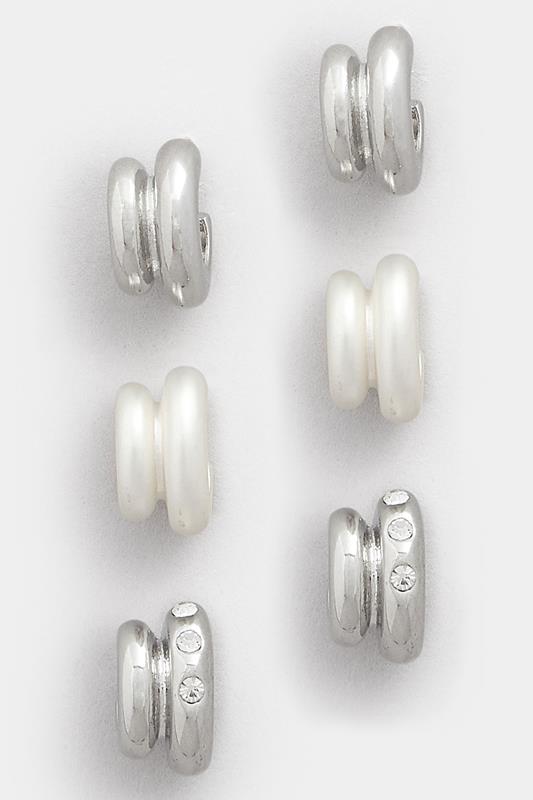 3 PACK Silver Tone Diamante Mini Hoop Earrings Set | Yours Clothing 3