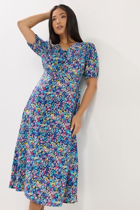 M&Co Petite Blue Ditsy Floral Puff Sleeve Dress | M&Co 1