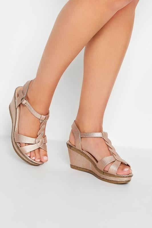 Rose Gold Diamante Flower Sandals In Wide E Fit & Extra Wide Fit
