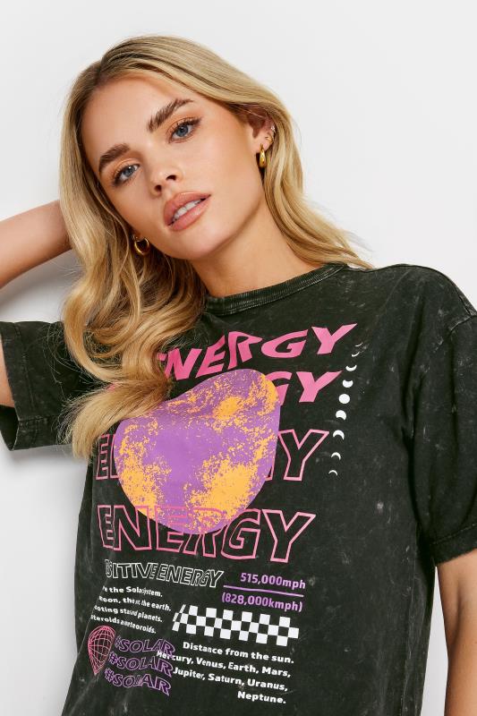 PixieGirl Petite Womens Black Acid Wash 'Energy' Slogan Oversized T-Shirt Dress | PixieGirl 5