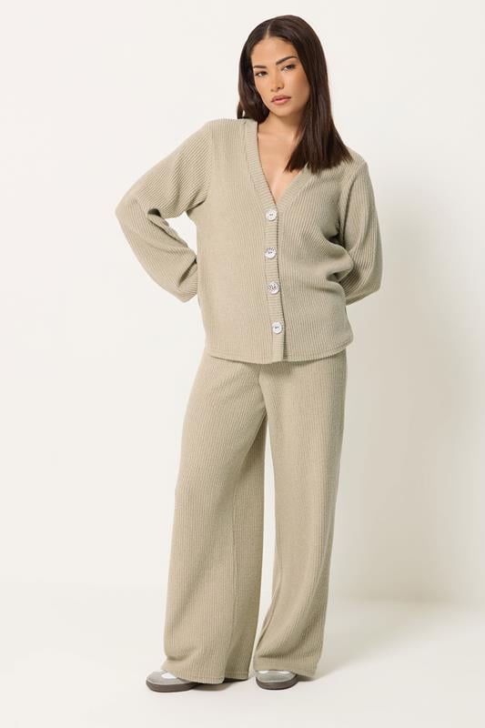  PixieGirl Petite Sage Green Ribbed Soft Touch Wide Leg Trousers