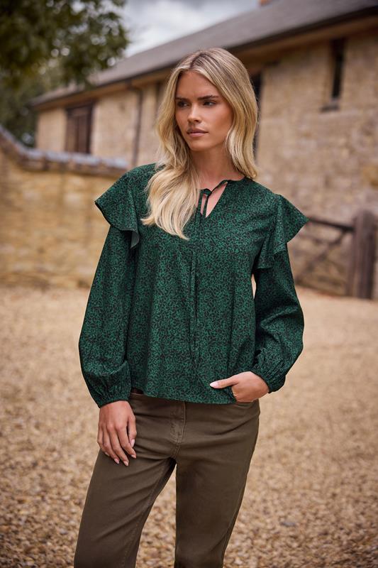  M&Co Petite Green Floral Print Tie Neck Blouse