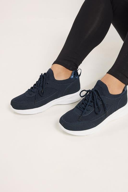 Navy Blue Knitted Trainers In Extra Wide EEE Fit