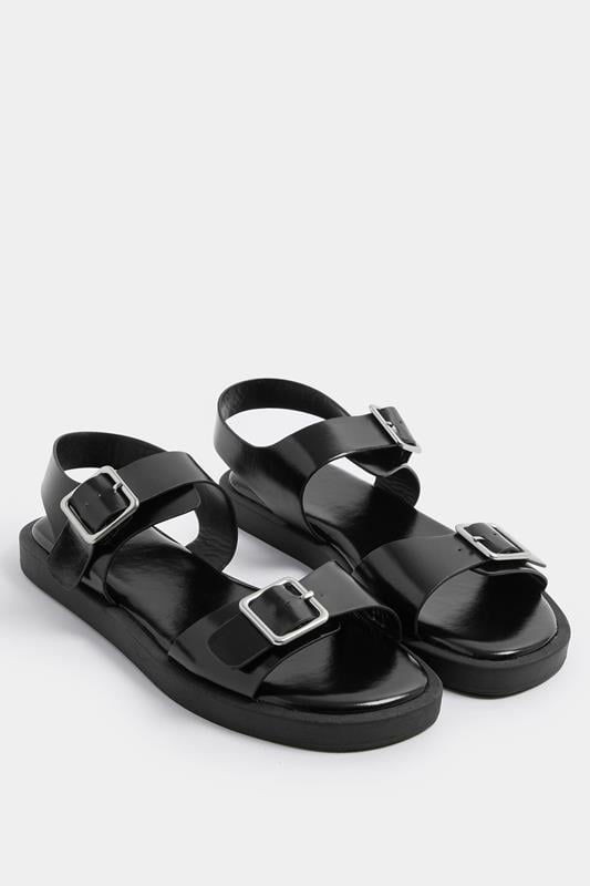  Yours Black Faux Leather Buckle Strap Sandals In Wide E Fit